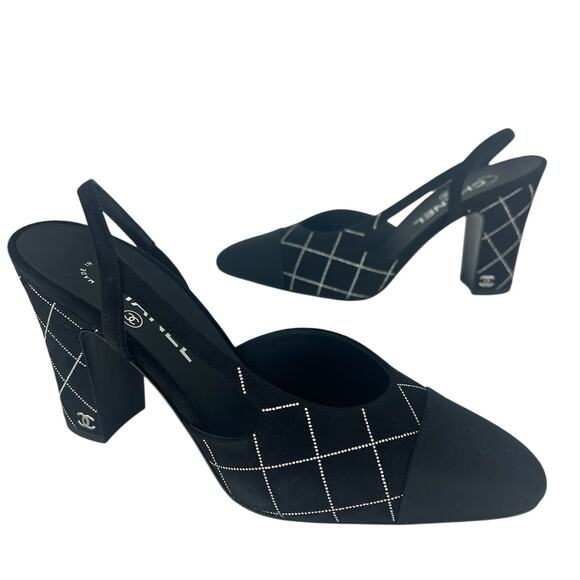 Chanel 2025 Cap Toe Quilted Block Heel Slingback Pumps in Black Suede - Picture 1 of 16